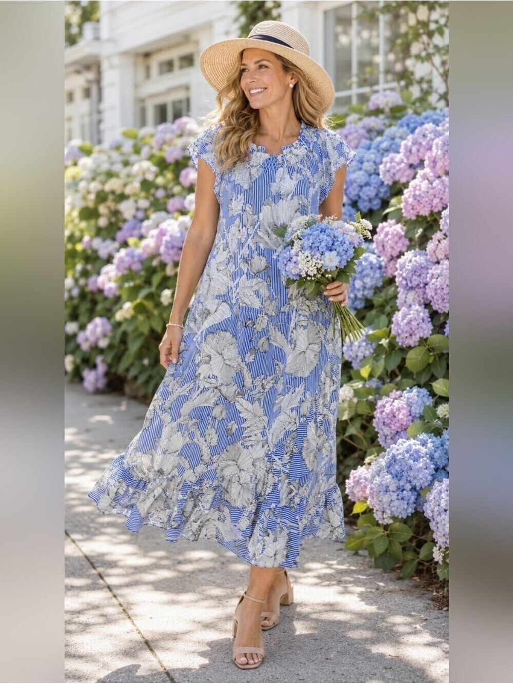 Liz Claiborne Blue Floral Stripe Midi Dress Cottagecore Luxe Feminine Classic LT